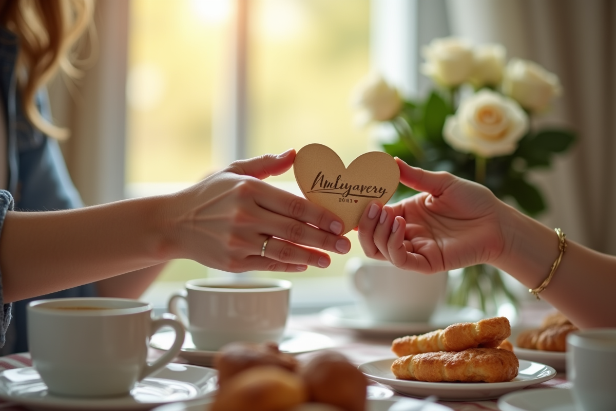 Main échangeant des cadeaux d anniversaire sur une table de petit déjeuner lumineuse