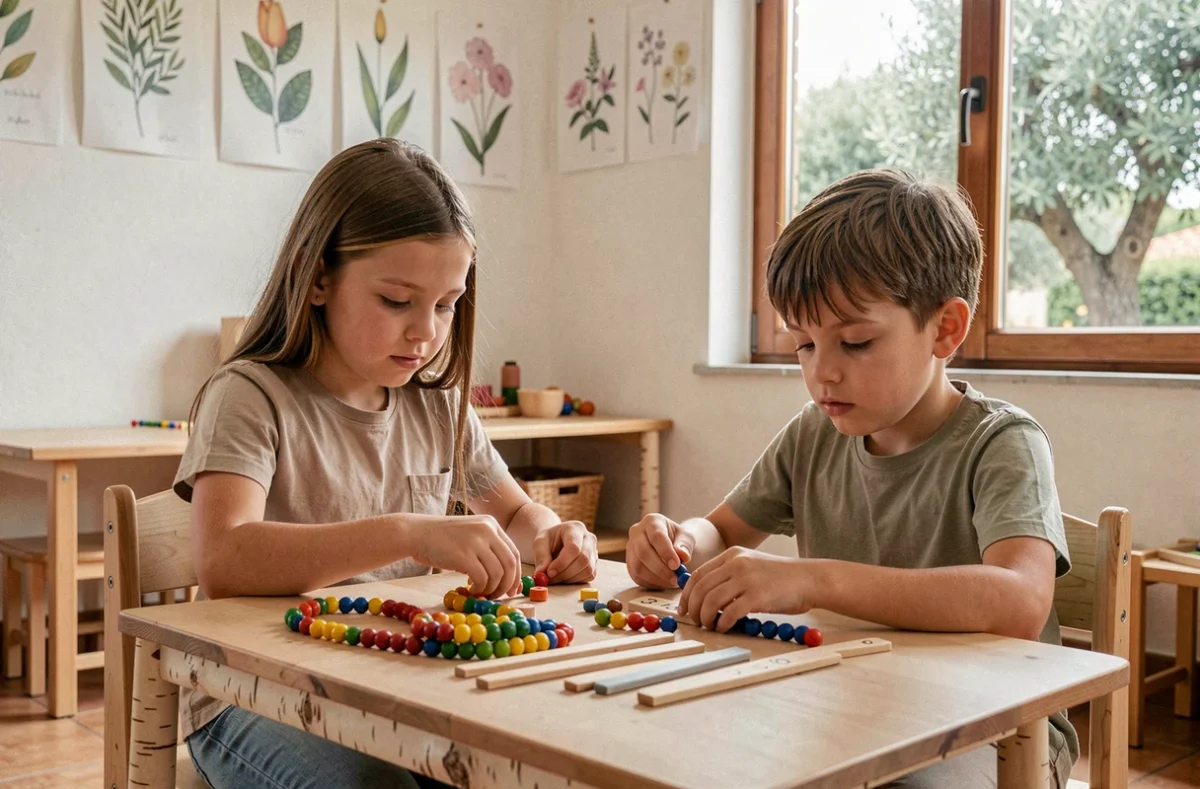 Deux élèves concentrés sur des matériaux Montessori en bois dans la salle de classe de l'École Montessori International Les Colibris