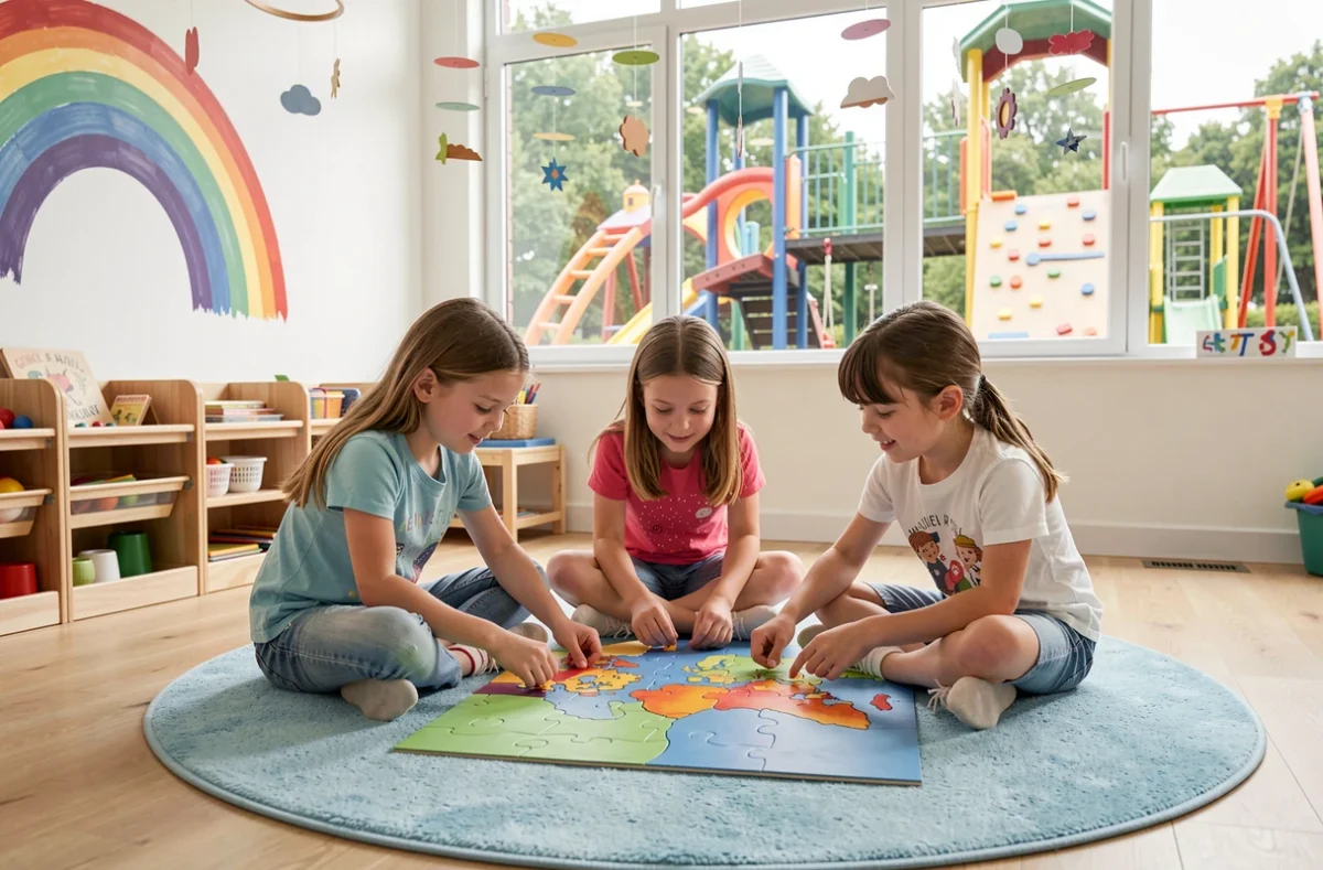 Trois enfants assemblant un puzzle de carte du monde sur un tapis bleu dans la salle lumineuse de l'École es en ciel