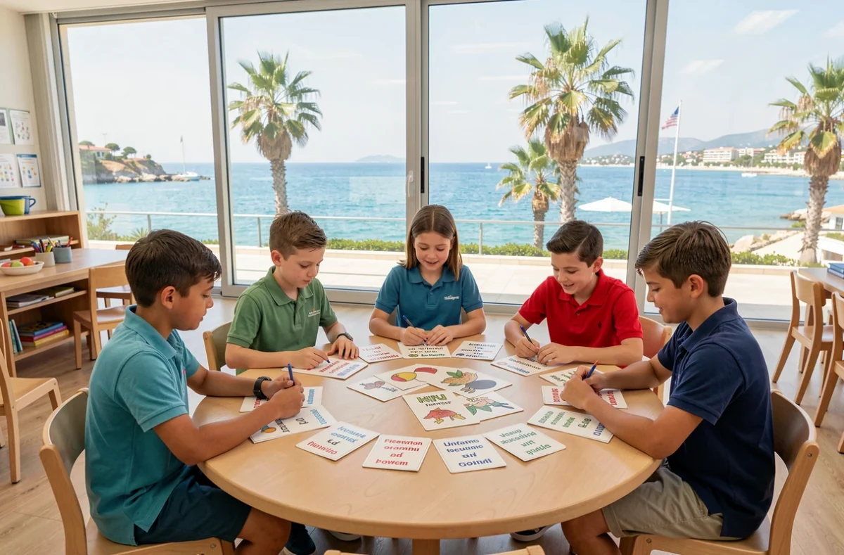 Groupe d'élèves étudiant des cartes de vocabulaire bilingues avec vue sur la Méditerranée à l'École internationale Montessori de Juan-les-Pins