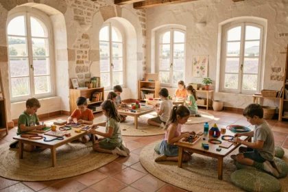 Enfants travaillant avec des matériaux Montessori dans une salle de classe provençale lumineuse, vue grand angle
