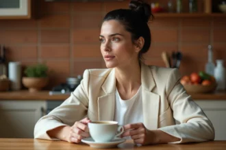 Femme posée et sereine dans sa cuisine familiale, illustrant la vie privée préservée d'Elsa Vidal