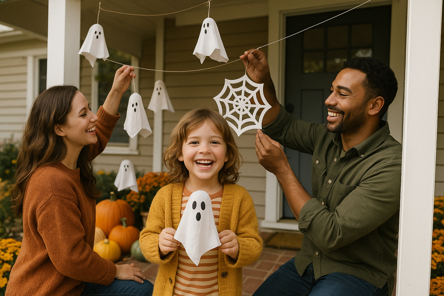 Enfant et parents accrochant des décorations d Halloween sur le porche