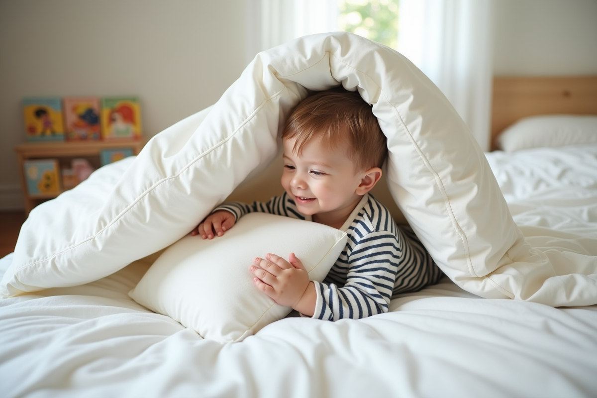 Garçon de deux ans dans son lit avec oreiller et couverture