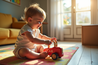 Enfant souriant jouant avec une voiture en bois dans le salon