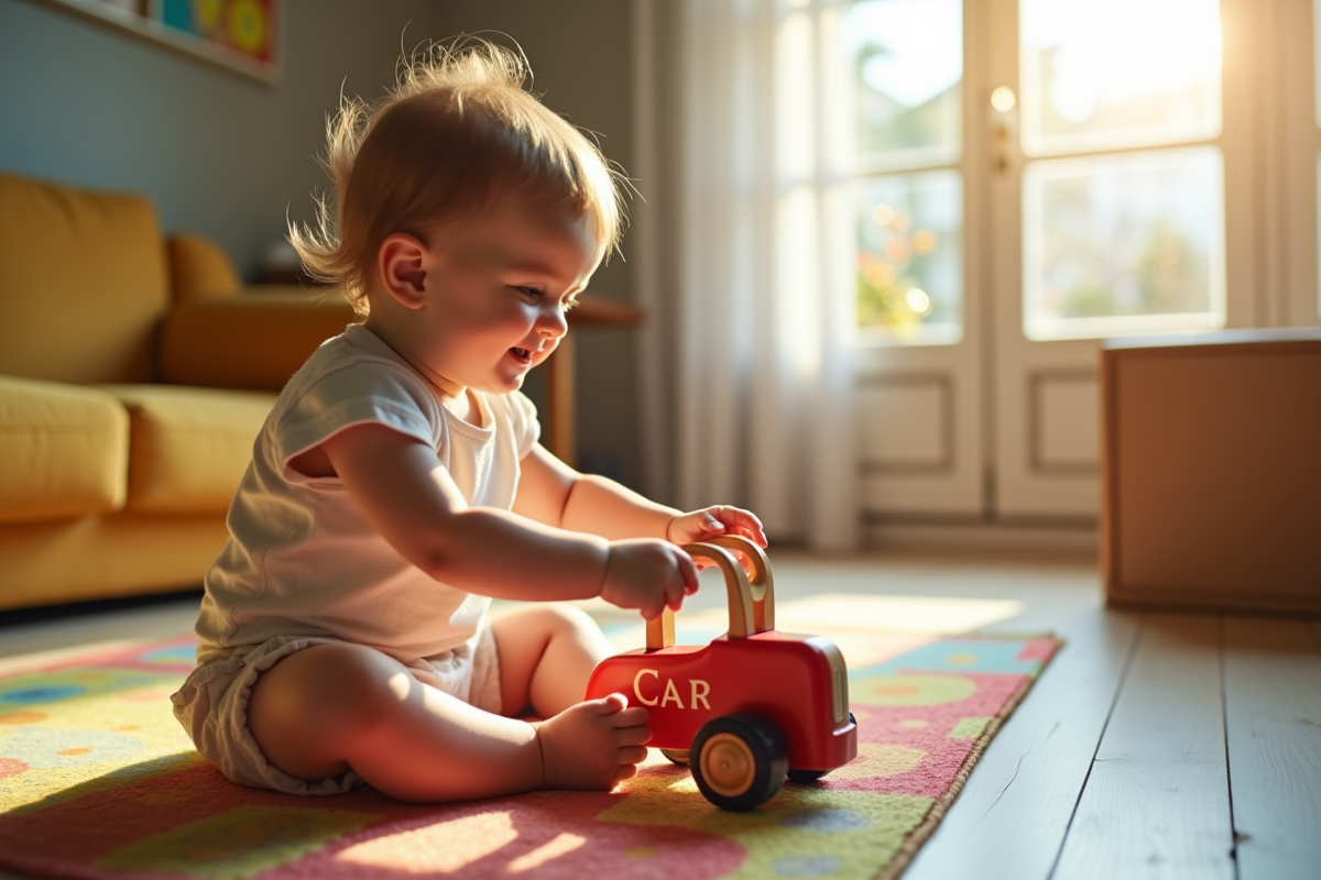 Enfant souriant jouant avec une voiture en bois dans le salon