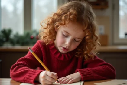 Jeune fille écrivant une lettre au Père Noël à une table en bois dans une cuisine chaleureuse en hiver