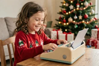 Petite fille souriante qui tape sur une machine à écrire jouet colorée au pied du sapin de Noël
