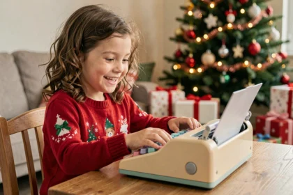 Petite fille souriante qui tape sur une machine à écrire jouet colorée au pied du sapin de Noël