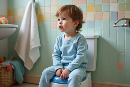 Garçon en pyjama bleu assis sur un pot dans une salle de bain chaleureuse
