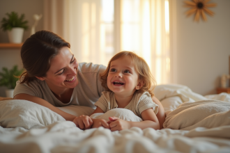 Enfant souriant dans une chambre lumineuse et chaleureuse