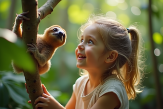 Enfant souriant observant un sloth dans la forêt tropicale