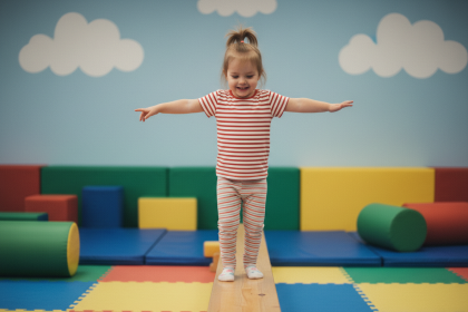 Jeune fille heureuse en équilibre sur une poutre en intérieur