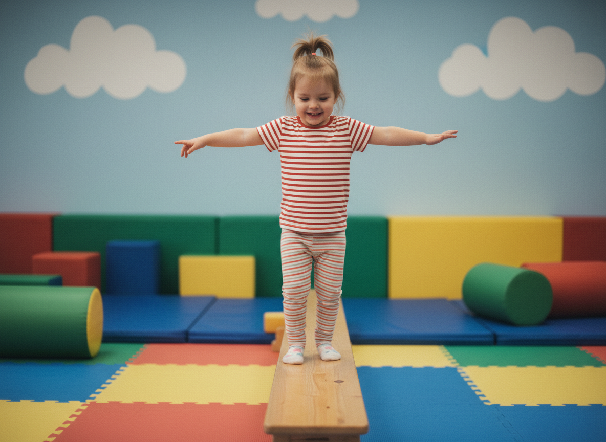 Jeune fille heureuse en équilibre sur une poutre en intérieur
