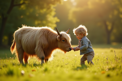 Jeune enfant observant un yak dans une prairie ensoleillee