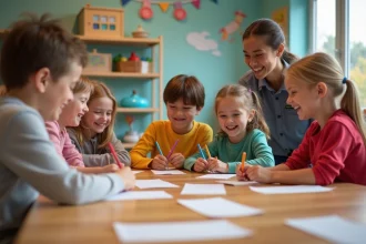 Groupe d'enfants souriants autour d'une table en centre de loisirs