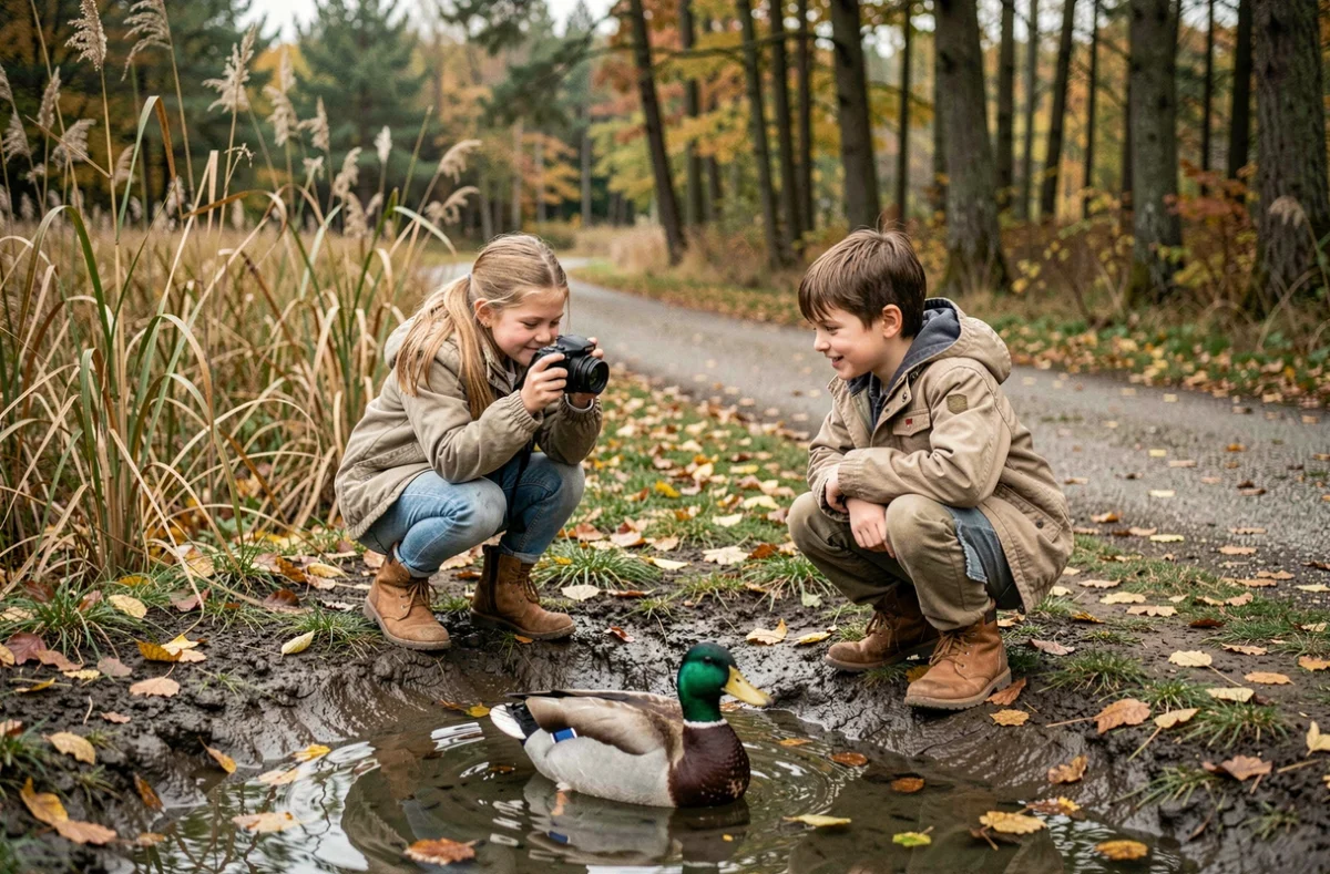Deux enfants photographiant des canards au bord d'un étang avec un appareil photo numérique pour enfants en pleine nature