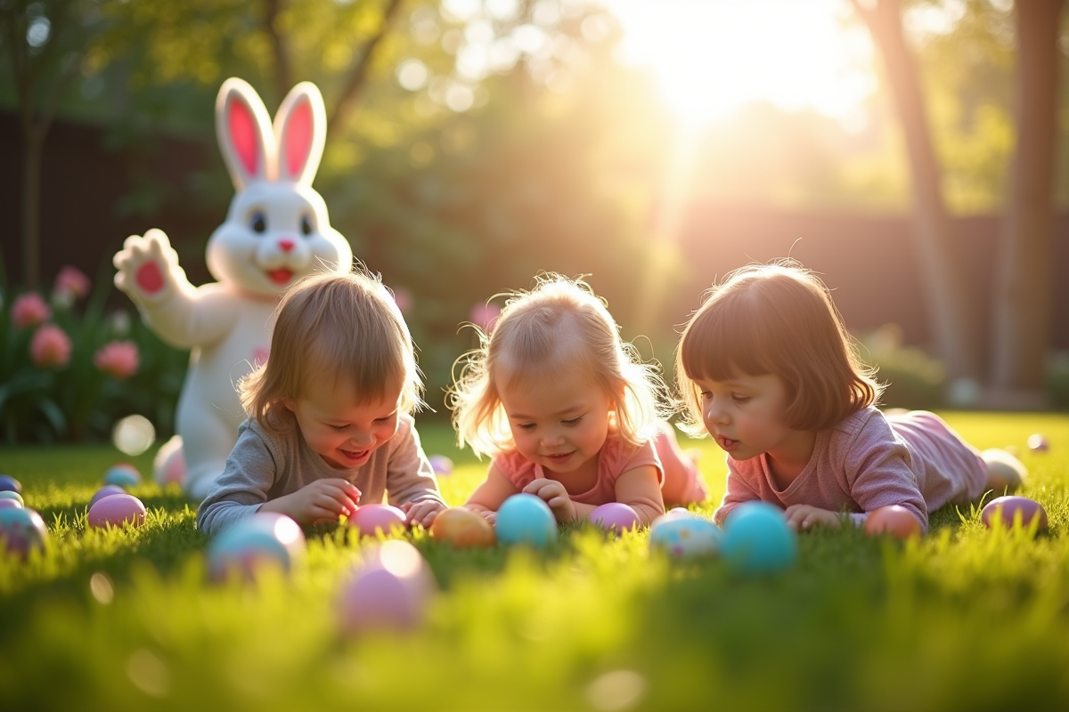 Enfants cherchant des oeufs de Pâques dans un jardin ensoleille avec lapin en arrière-plan