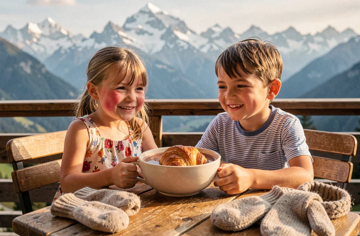 Deux jeunes enfants savourant un chocolat chaud sur une terrasse de café en montagne lors des vacances scolaires d'hiver