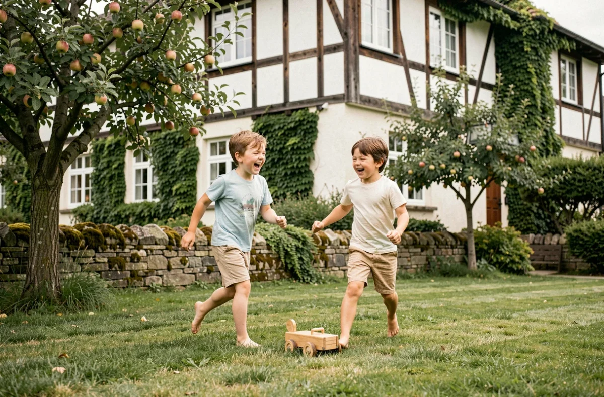 Enfants jouant dans le jardin verdoyant d'un hôtel normand à colombages lors de vacances en famille