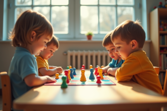 Groupe d'enfants en maternelle jouant à un jeu de société lumineux