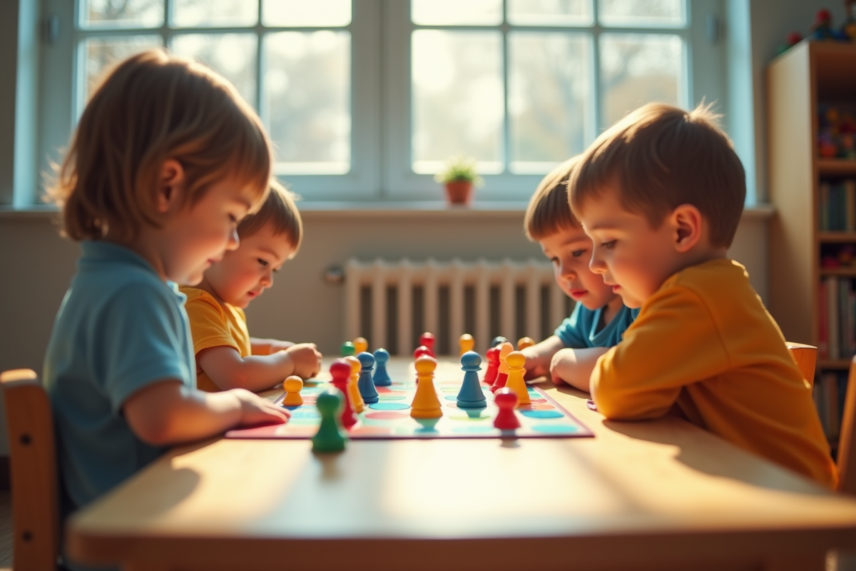 Groupe d'enfants en maternelle jouant à un jeu de société lumineux