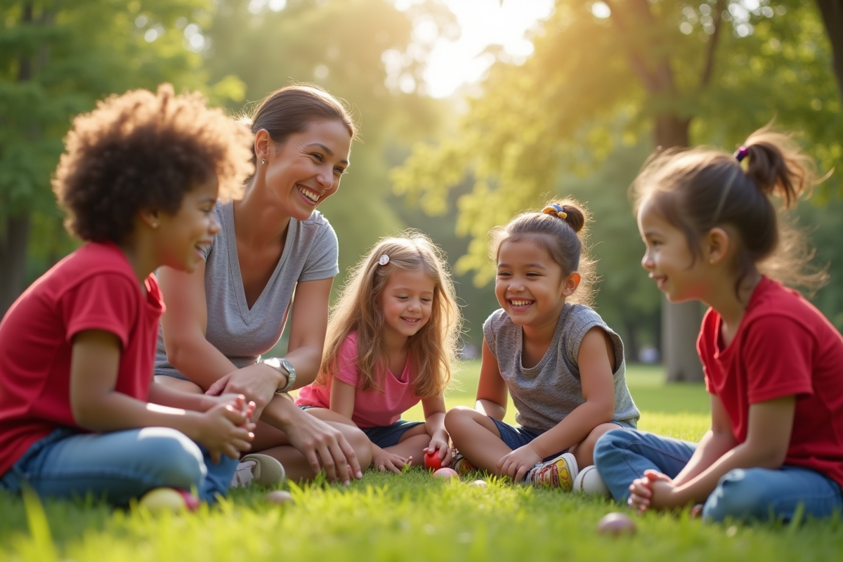 Enfants et enseignant jouant dans un parc ensoleille