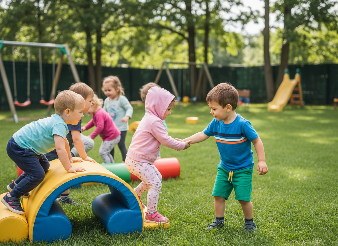 Groupe d enfants jouant dans un espace extérieur vert