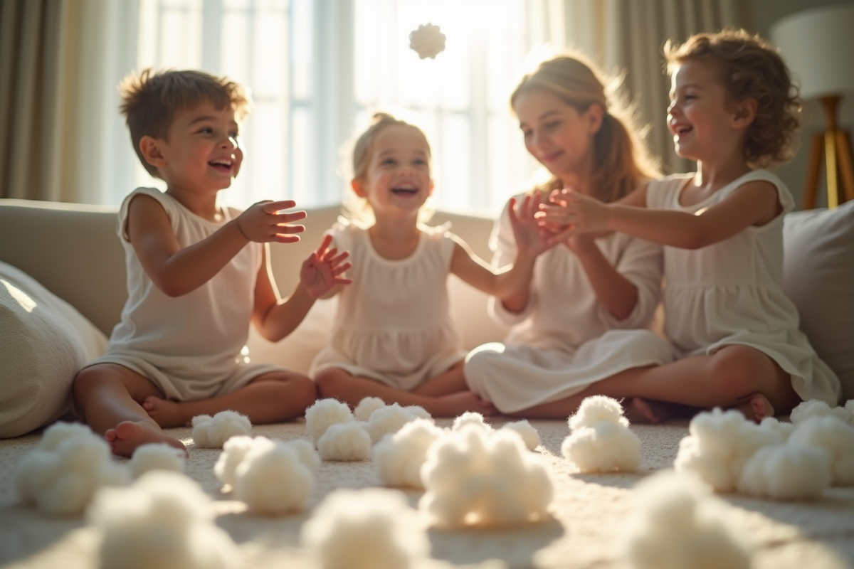 Enfants jouant avec des balles de coton lors de lanniversaire