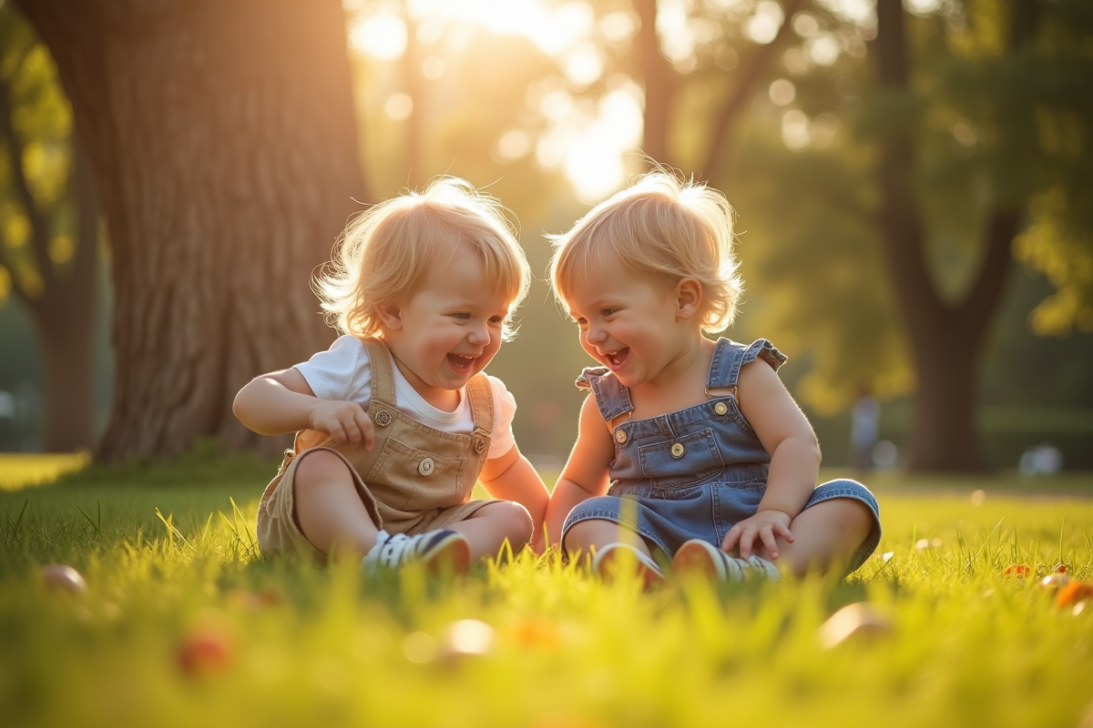 Deux jumeaux enfants jouant dans un parc ensoleille