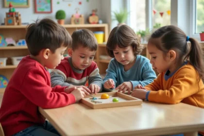 Groupe d'enfants de maternelle jouant au Kim game en classe