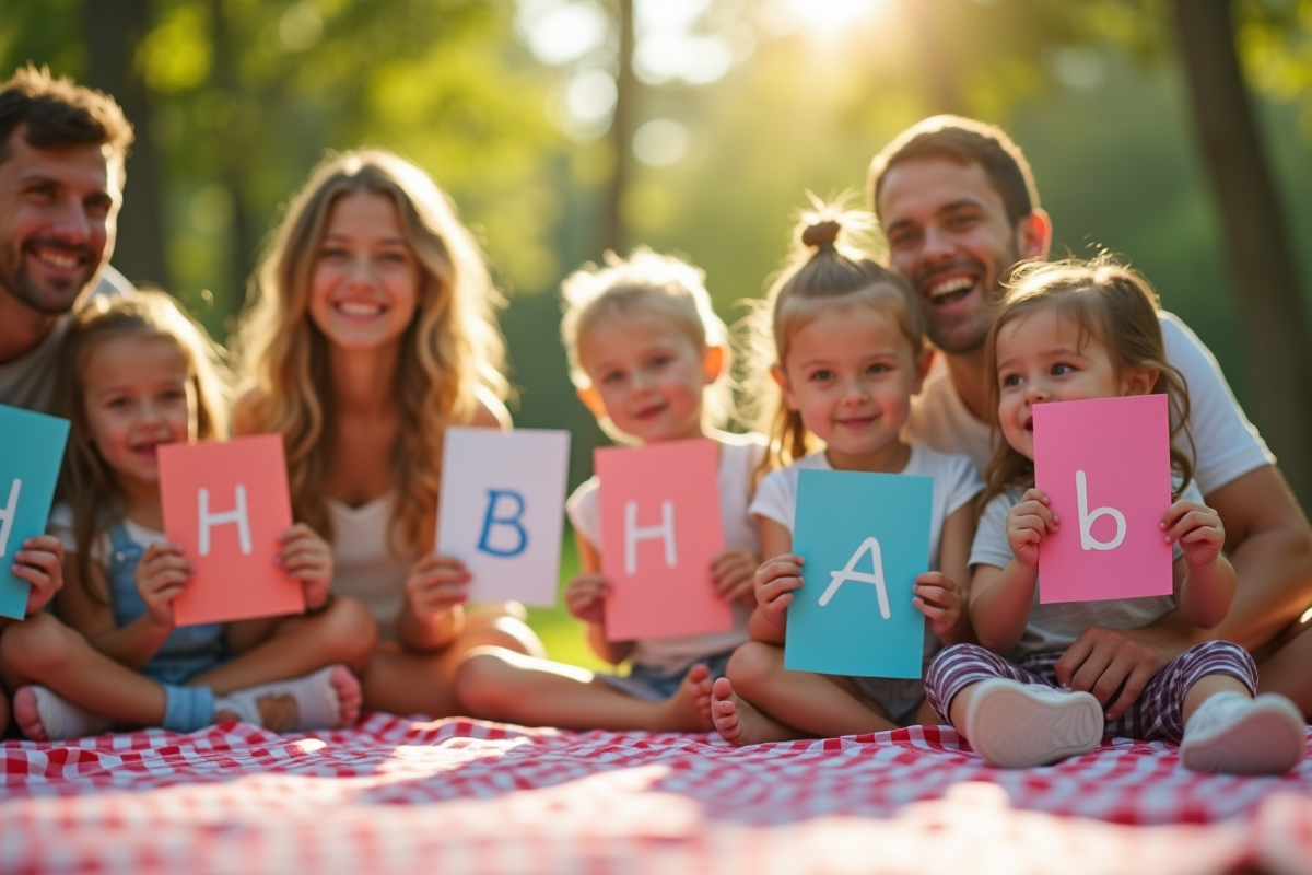 Enfants et parents avec cartes nom commencant par H au pique-nique