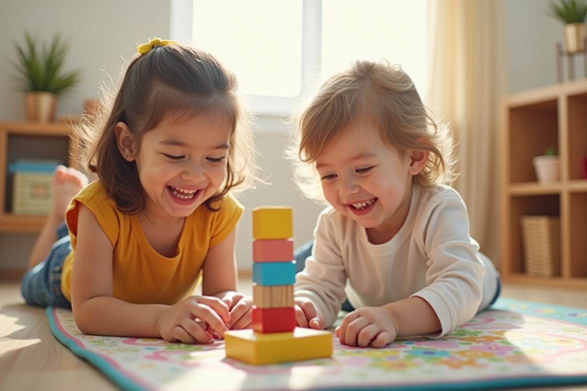 Deux enfants souriants empilant des blocs éducatifs sur un tapis