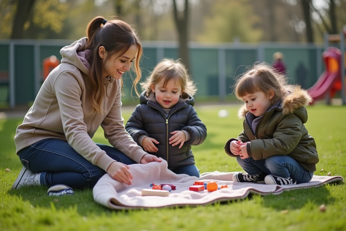 Enseignante montrant un jeu de Kim en plein air avec enfants