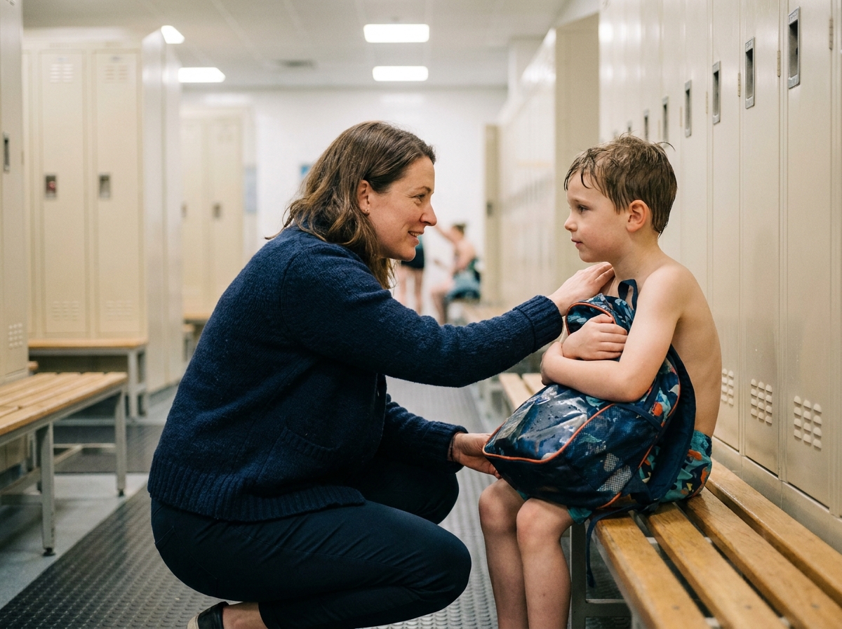 Enseignante réconfortant un jeune élève réticent à participer à la séance de natation scolaire dans un couloir de vestiaires