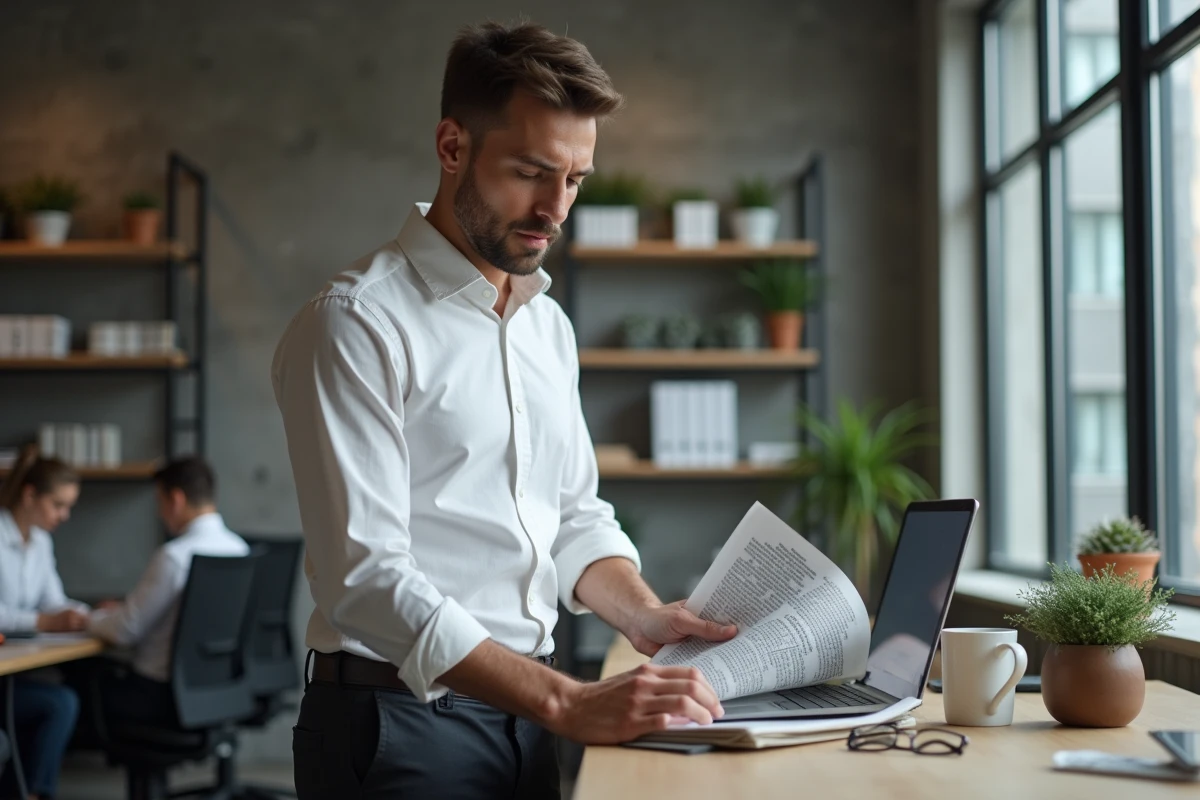 Entrepreneur lisant un magazine d'abonnement business dans un espace de coworking moderne