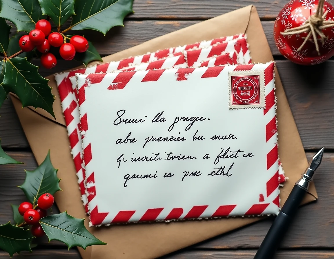 Enveloppe adressée au Père Noël avec cachet postal français posée sur une table en bois rustique pour illustrer les délais d'envoi