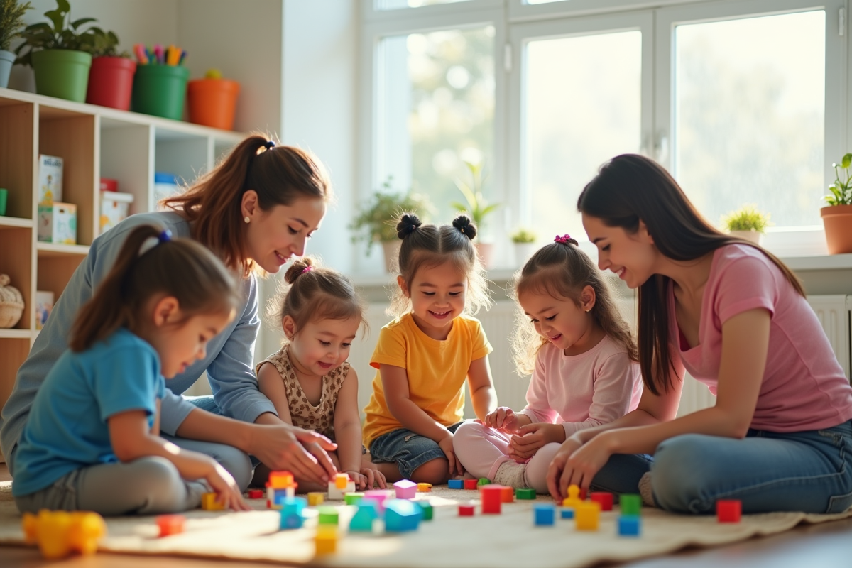 Equipe de professionnels avec enfants dans une salle de jeux lumineuse