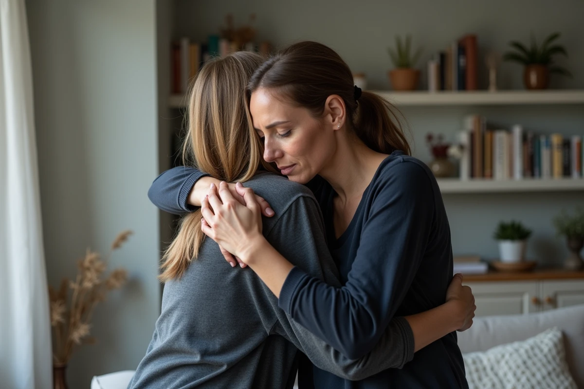 Deux amies s'étreignant dans un salon calme, partageant un moment silencieux de soutien et de compassion lors d'un deuil