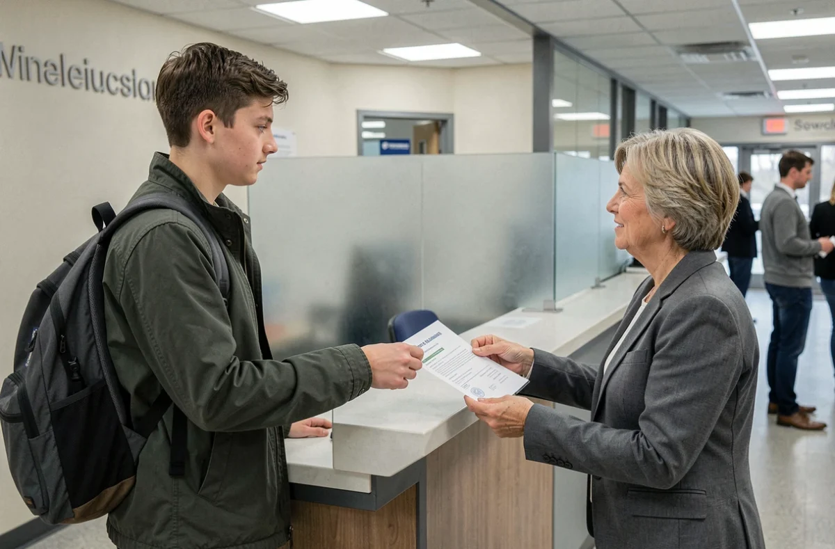 Étudiant remettant une attestation de domicile au guichet administratif d'une université