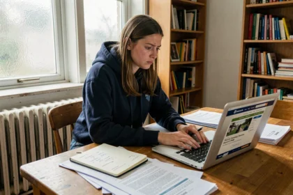 Étudiante consultant ses aides financières et bourses sur un ordinateur portable avec des documents administratifs éparpillés sur une table en bois