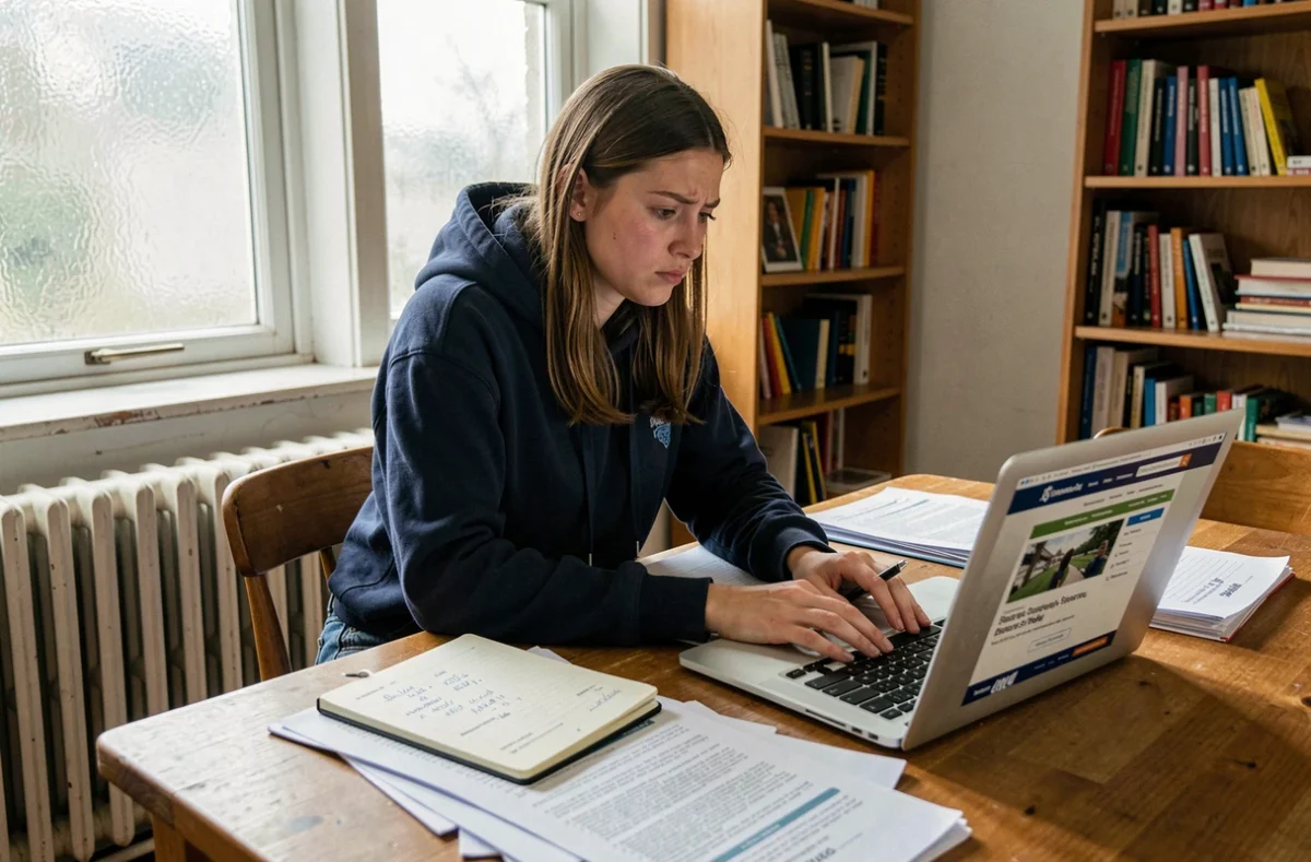 Étudiante consultant ses aides financières et bourses sur un ordinateur portable avec des documents administratifs éparpillés sur une table en bois