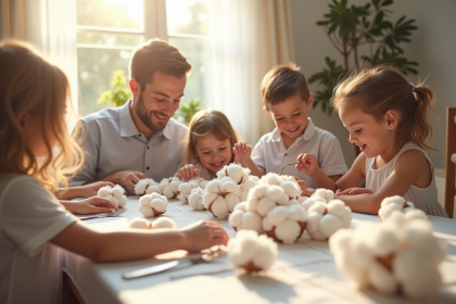 Famille heureuse autour d'une table décorée pour anniversaire de mariage
