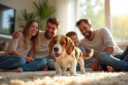 Famille jouant avec un chiot lemon beagle dans un salon lumineux