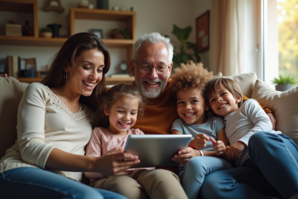 Famille multigenerational souriante dans le salon avec tablette