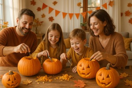Famille sculptant des citrouilles dans un salon chaleureux