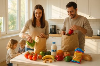 Famille heureuse dans une cuisine lumineuse avec courses