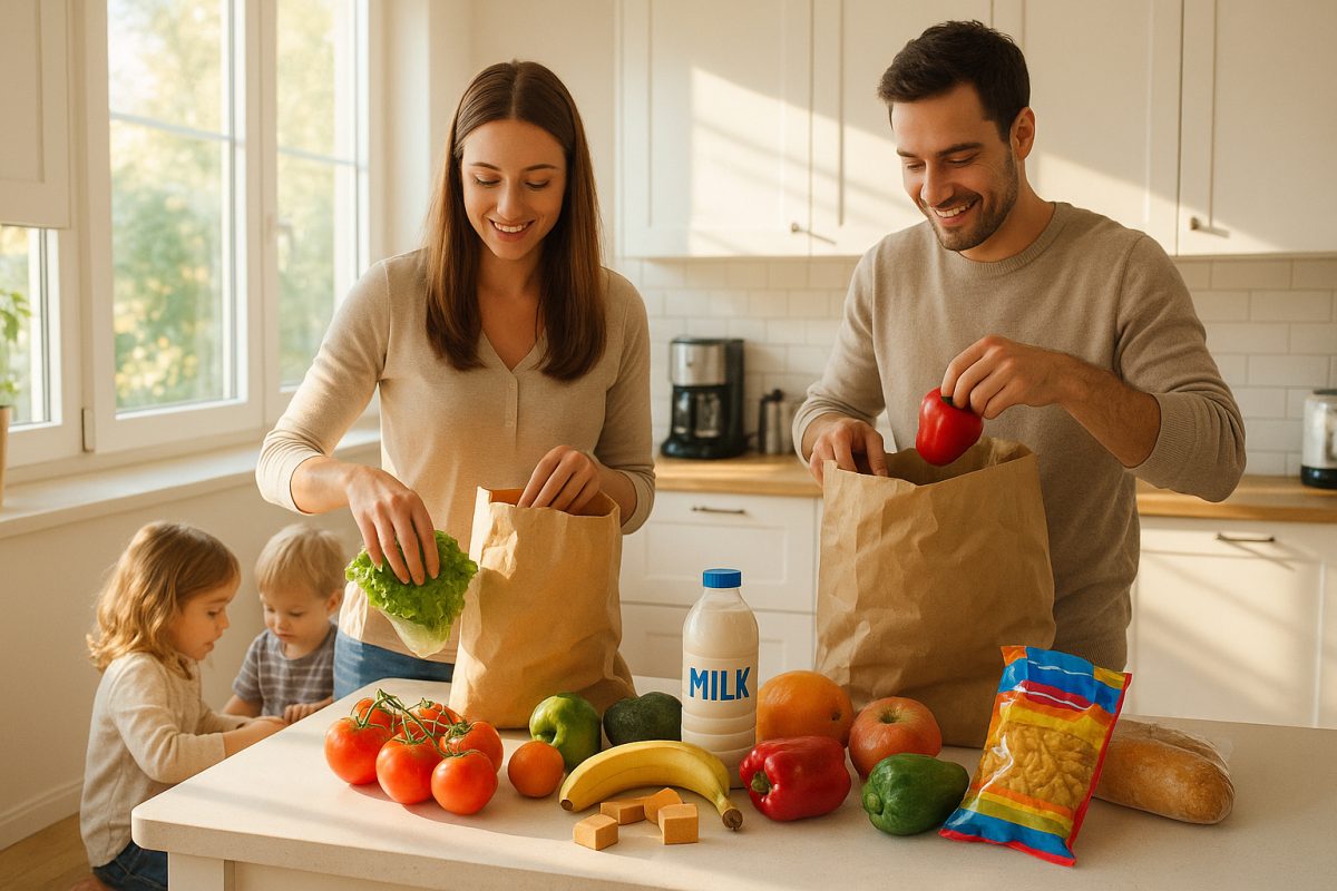 Famille heureuse dans une cuisine lumineuse avec courses