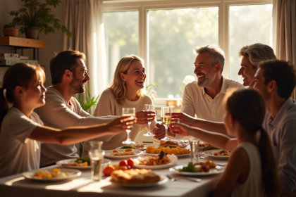 Famille multigenerationale rassemblée autour d'un repas festif
