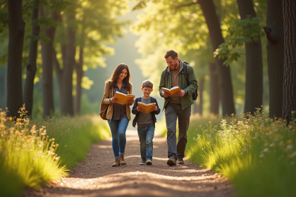 Famille heureuse marchant en forêt en observant des oiseaux